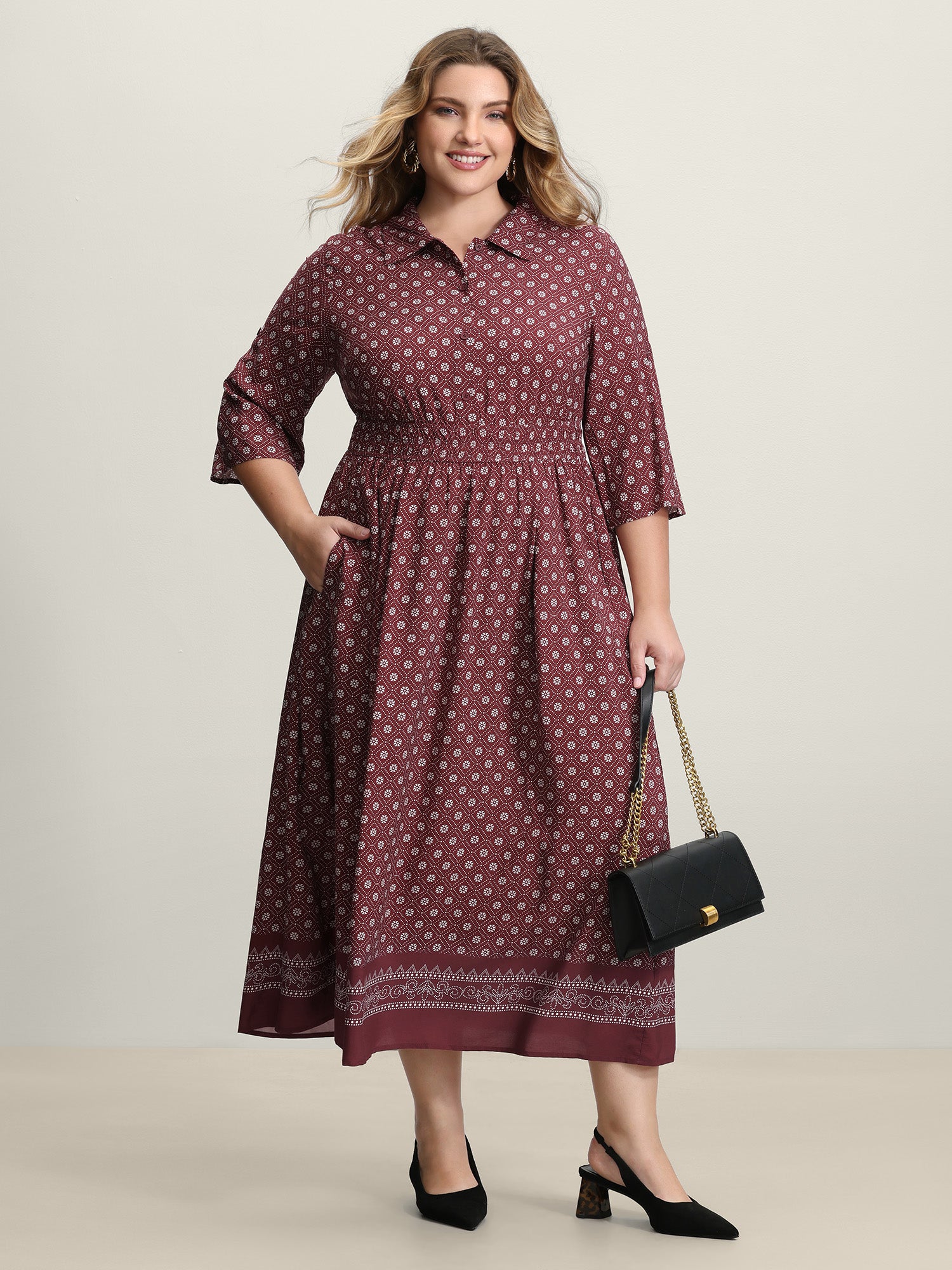 Geometric Print Shirred Waist Maxi Dress