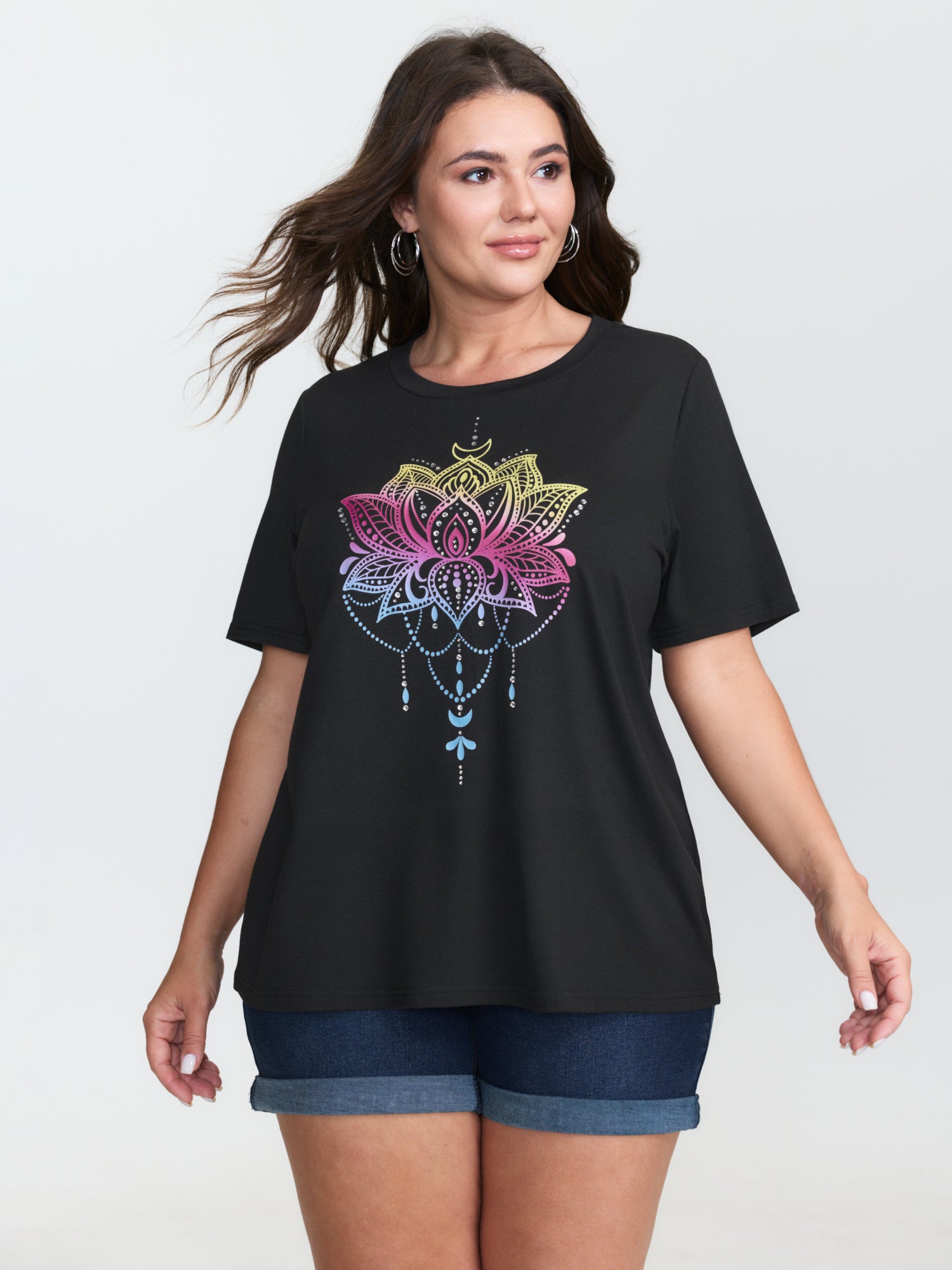 Stretchy Floral Pattern Round Neck T-Shirt
