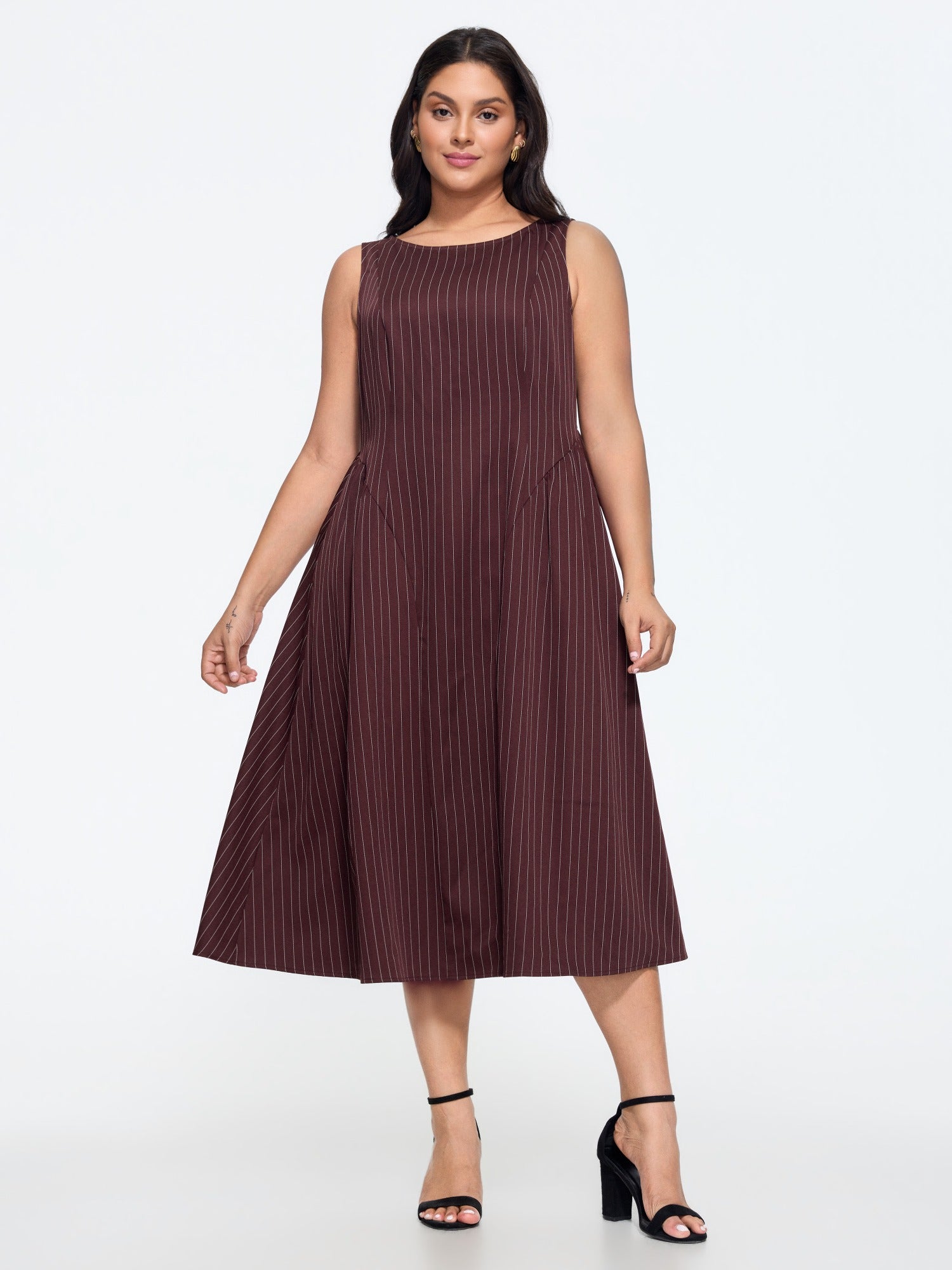 Pinstripe Print Round Neck Sleeveless Midi Dress
