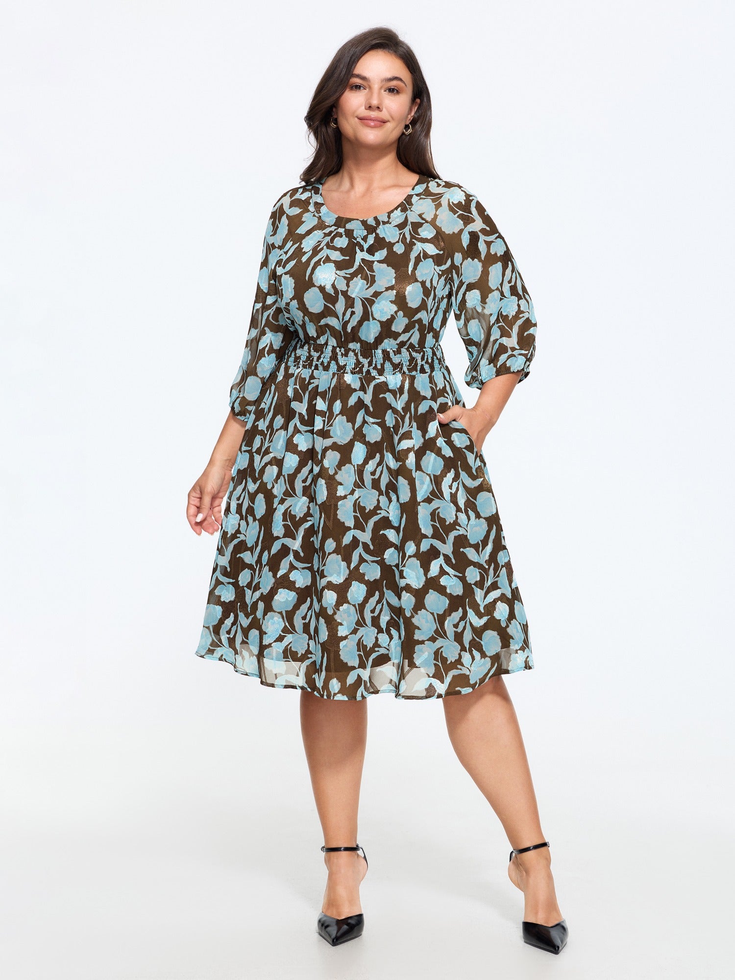 Round Neck Shirred Waist Flowy Mini Dress