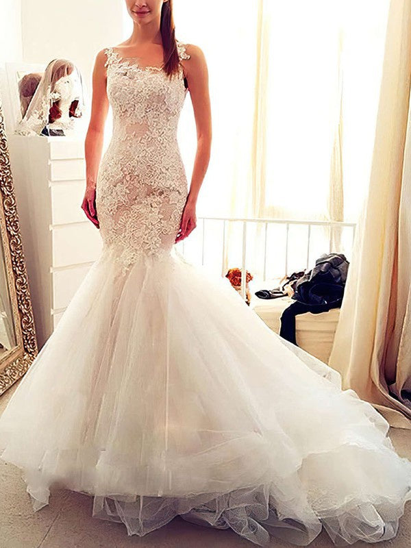 Gorgeous Trumpet Sleeveless Lace Tulle Chapel Train Wedding Dresses