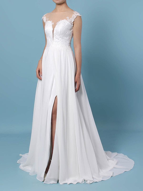 Luxuxrious A-Line Bateau Sleeveless Chiffon Sweep Train Wedding Dresses with Split