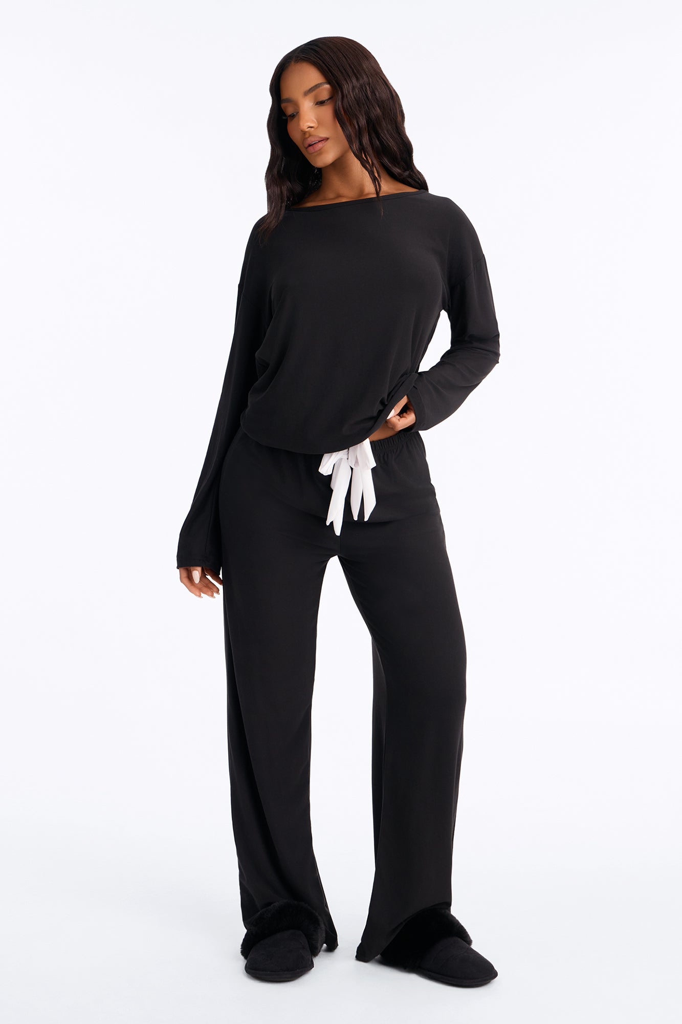 Just My Type Of Night Long Sleeve Wide Leg PJ Pant Set - Black