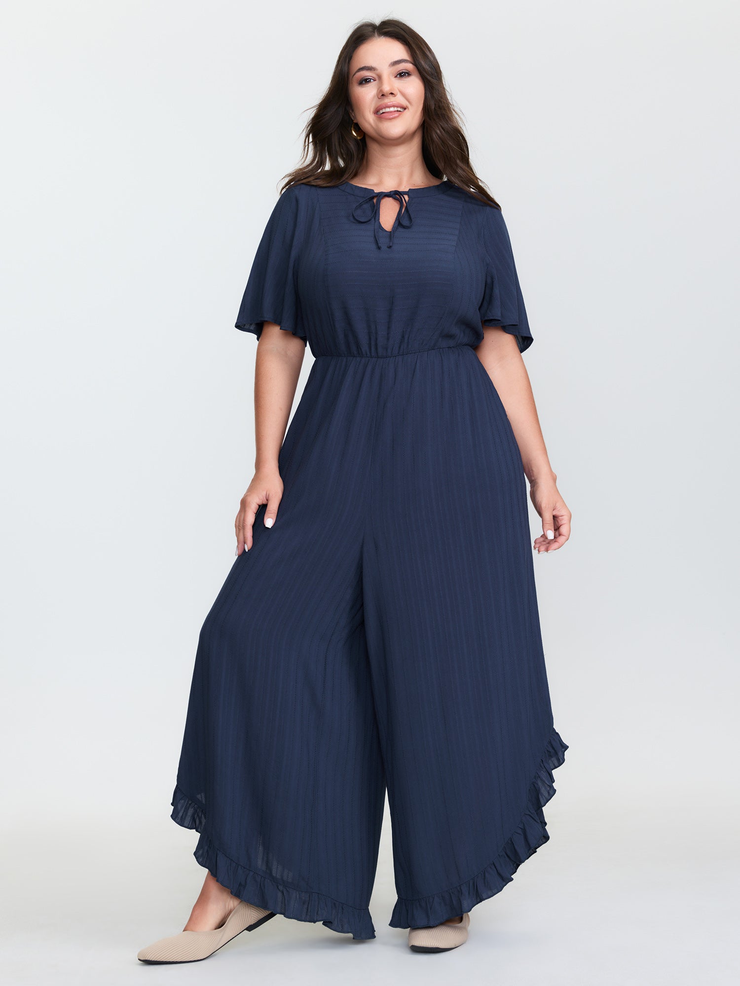 Textured Ruffled Backless Tie Jumpsuit