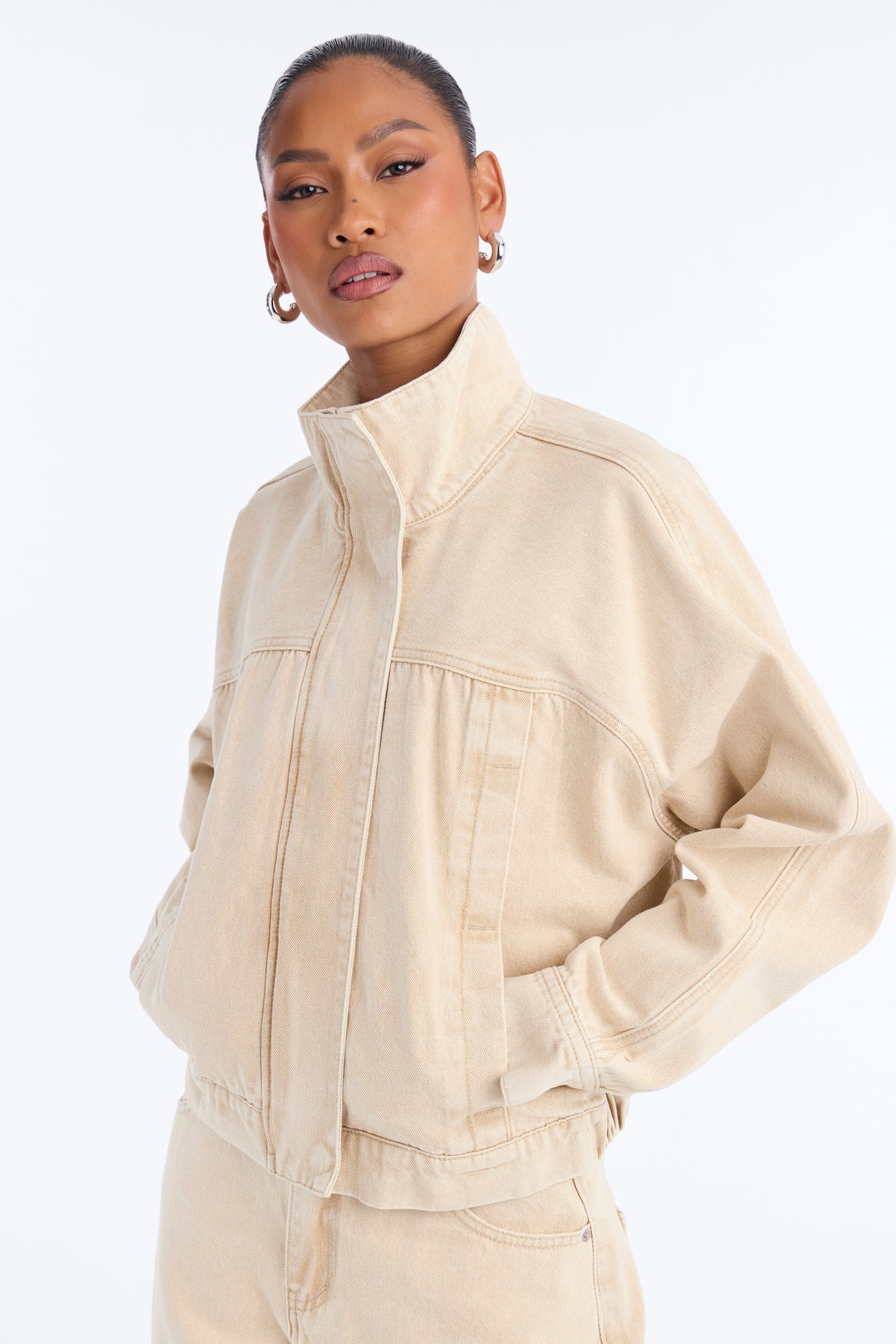 Fiona Funnel Neck Trucker Jacket - Khaki