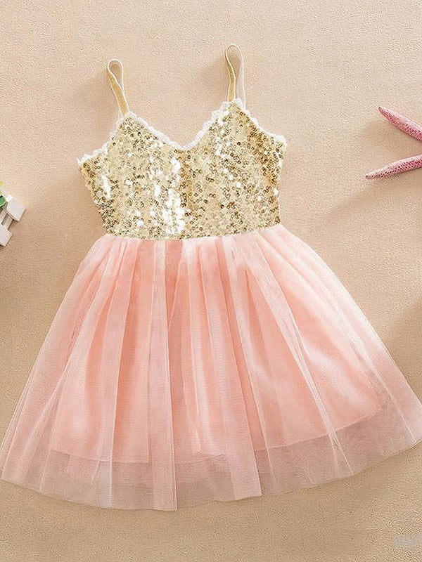 Deluxe A-Line V-Neck Tulle Sequined Flower Girl Dresses
