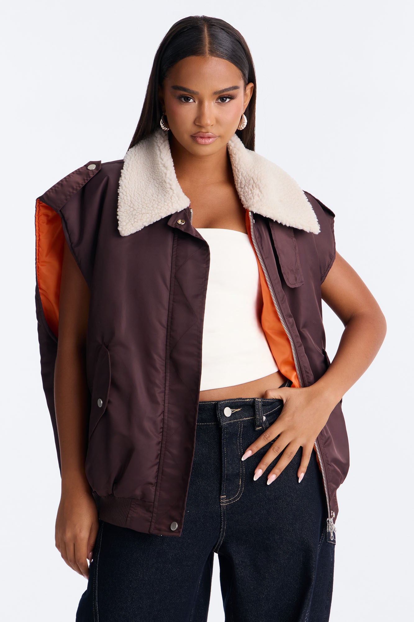 Remy Oversized Sherpa Collar Nyon Vest - Brown