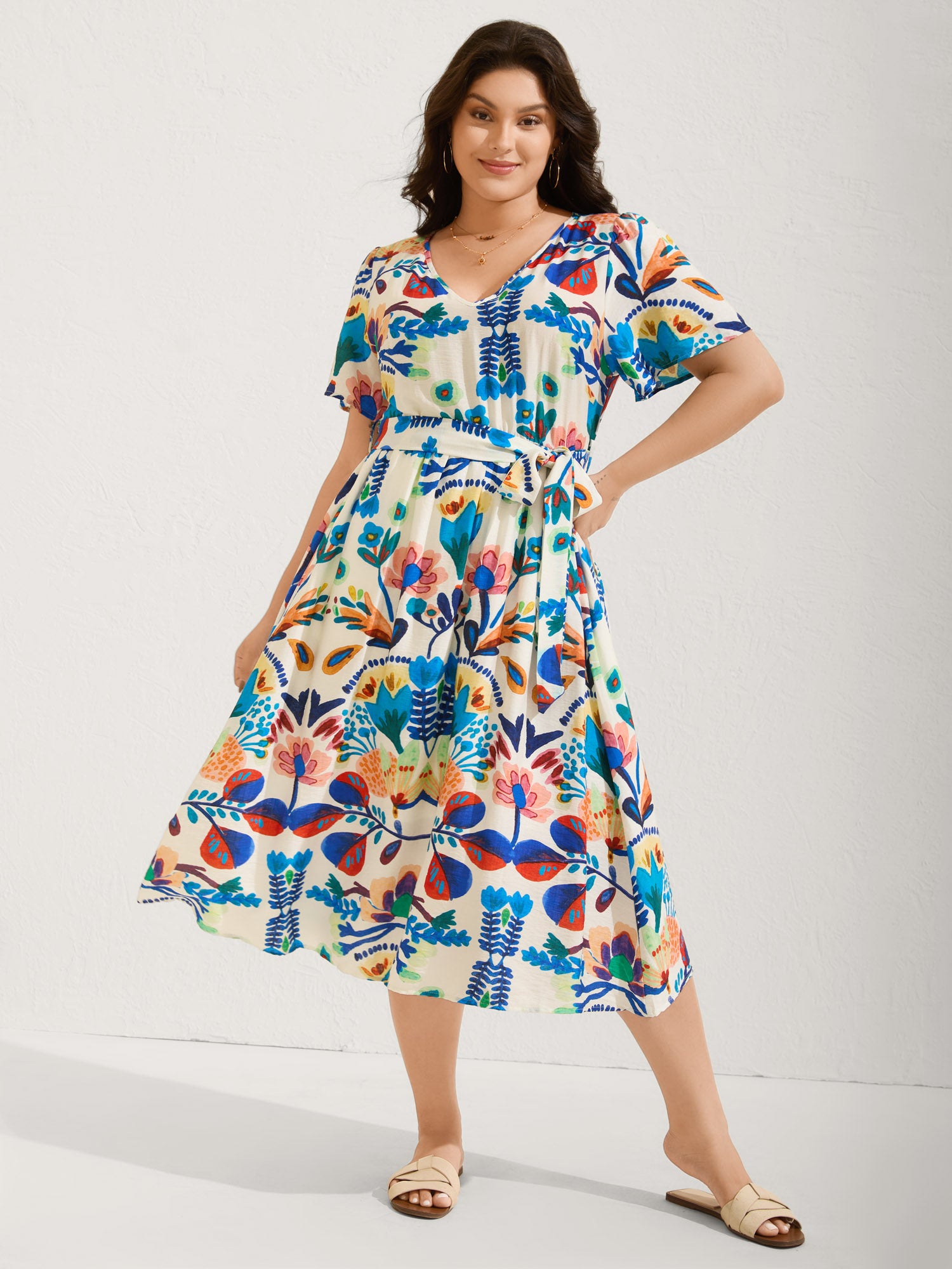 Blooming Florals V-Neck Pockets Midi Dress