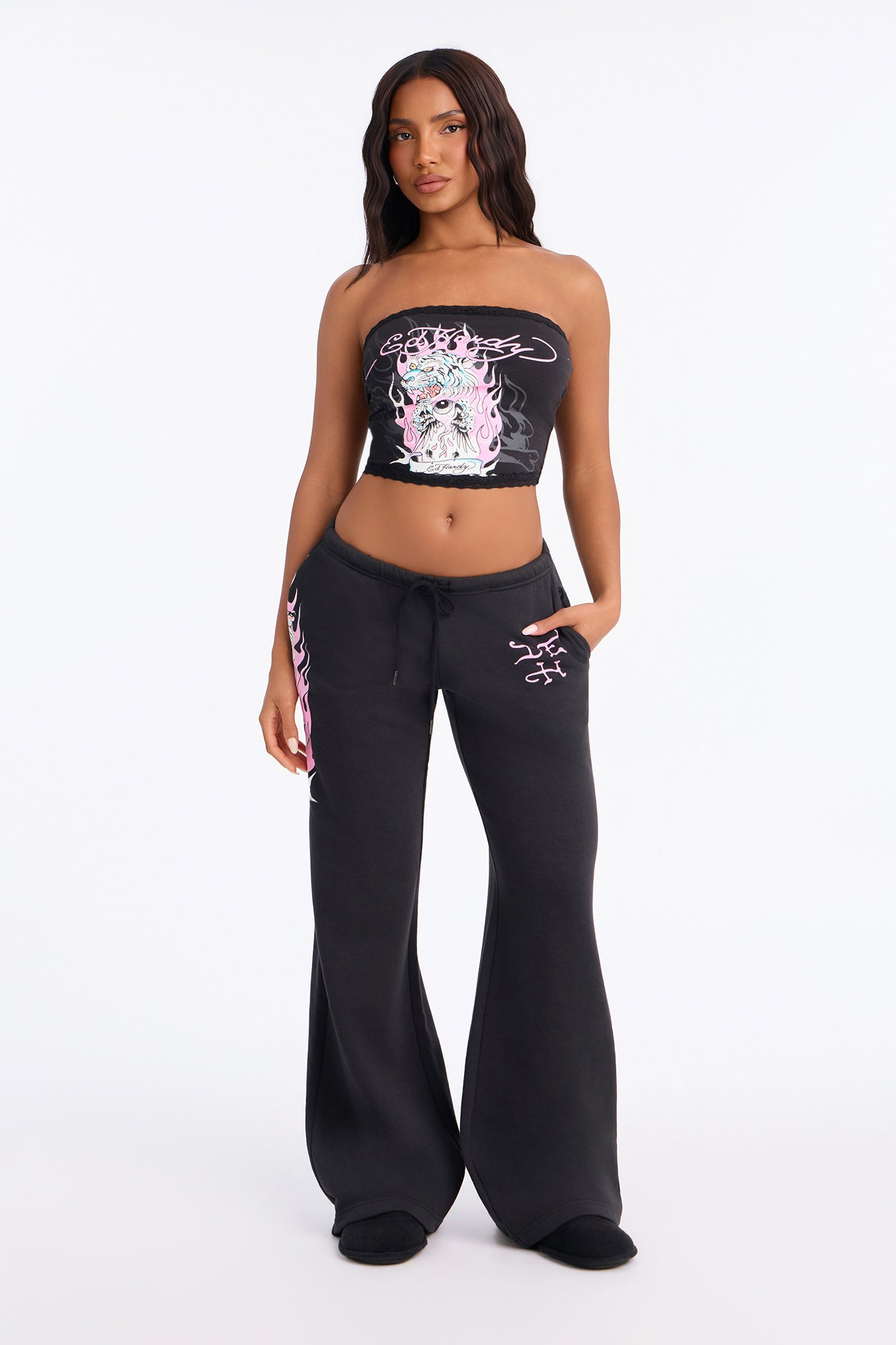 Ed Hardy Flame Tiger Tube Top Low Rise PJ Pant Set - Black