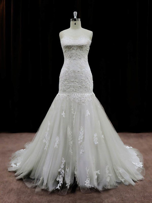 Exquisite Mermaid Sleeveless Sweetheart Tulle Lace Chapel Train Wedding Dresses with Appliques