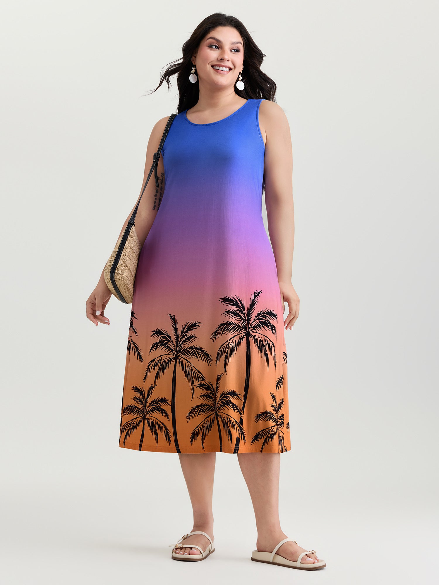 Island Print Ombre Sleeveless Midi Dress