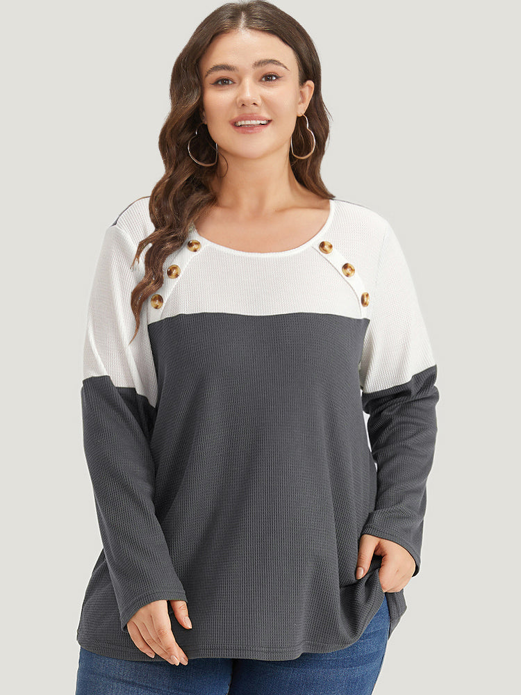 Colorblock Contrast Button Detail Crew Neck T-shirt