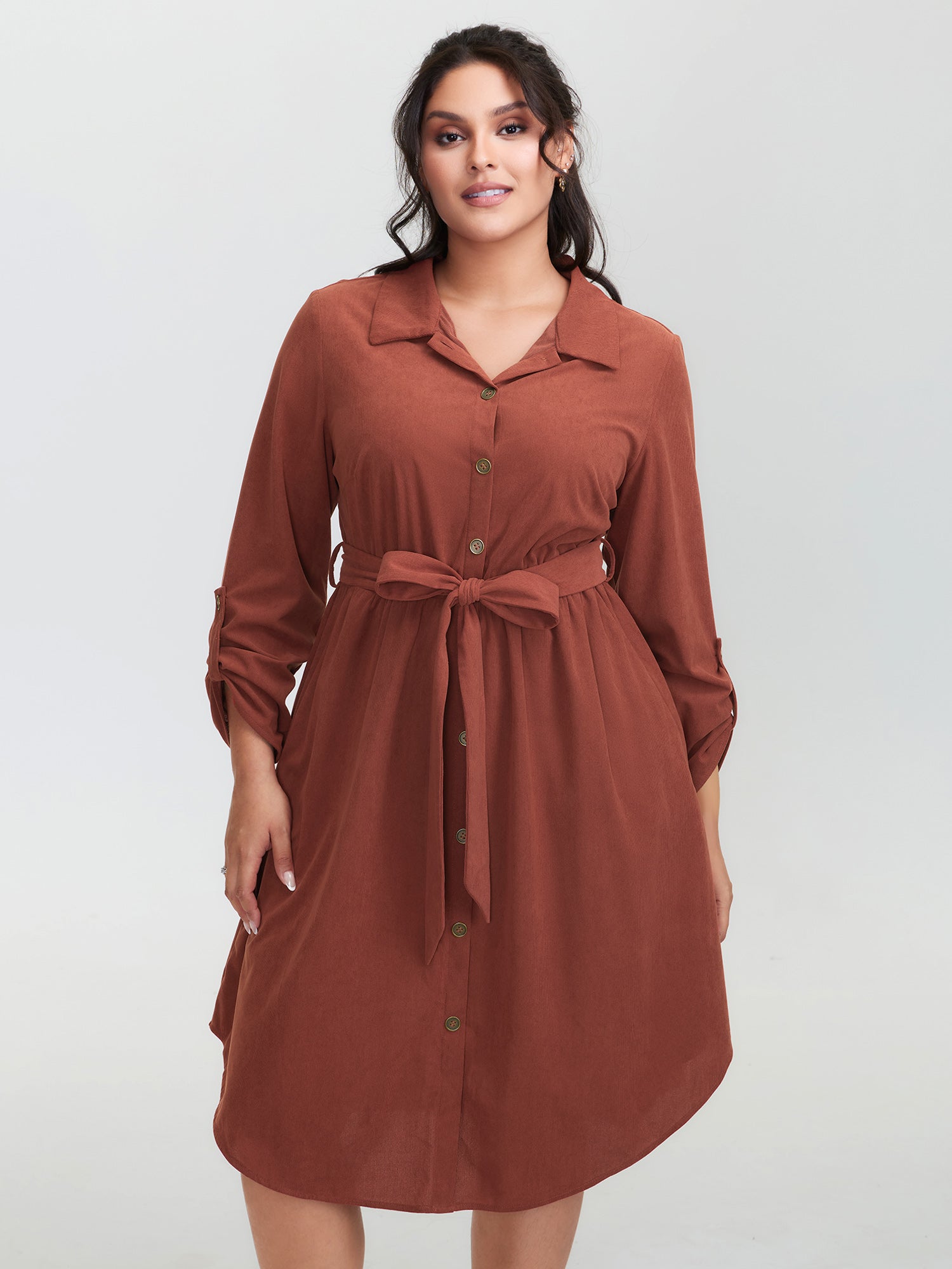 Corduroy Tab Sleeve Belted Midi Dress