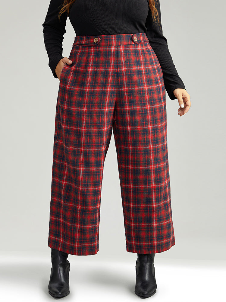 Plaid Button Detail Pocket Loose Pants