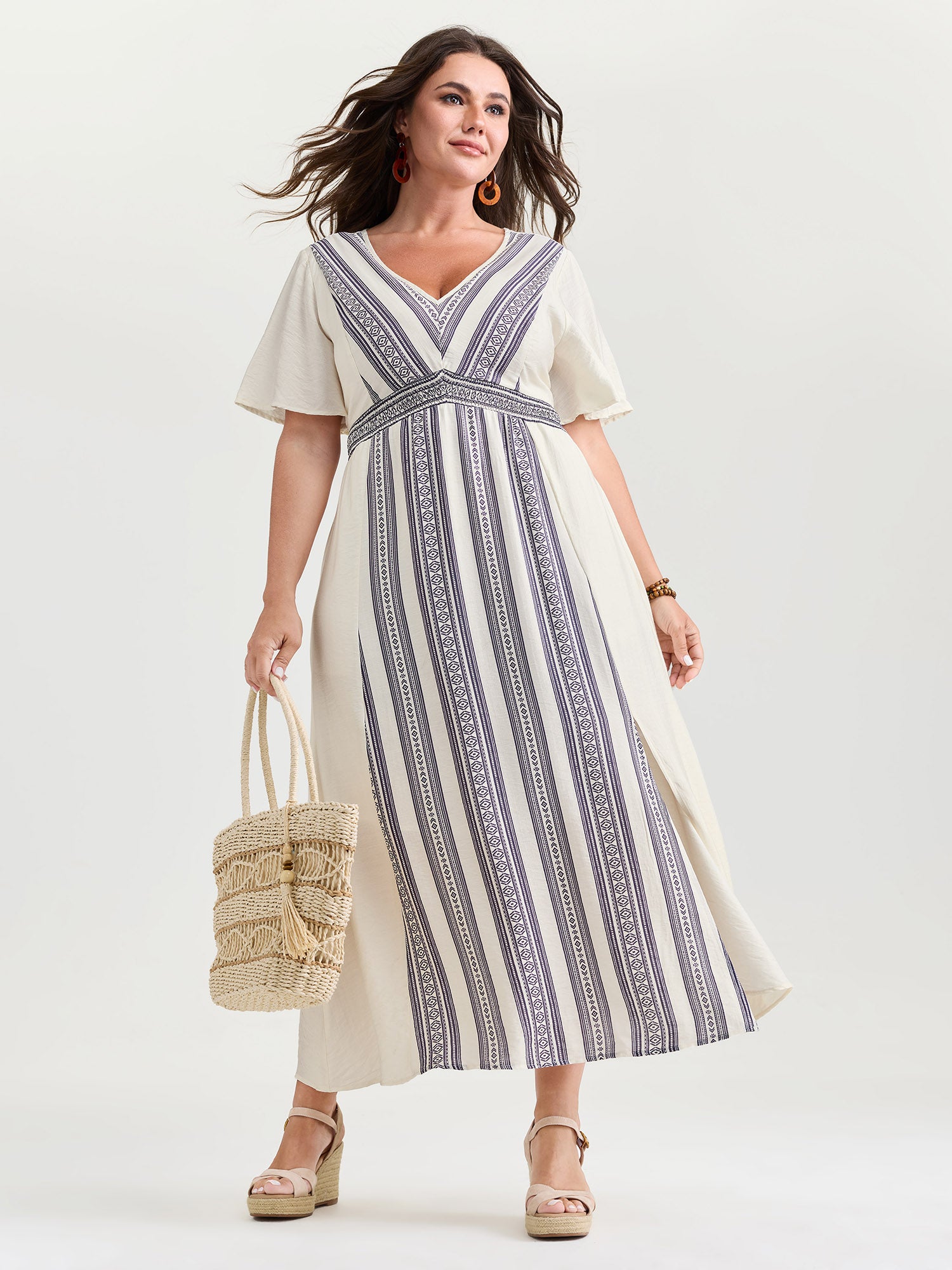 Striped Flared Sleeve V-Neck Maxi Dress