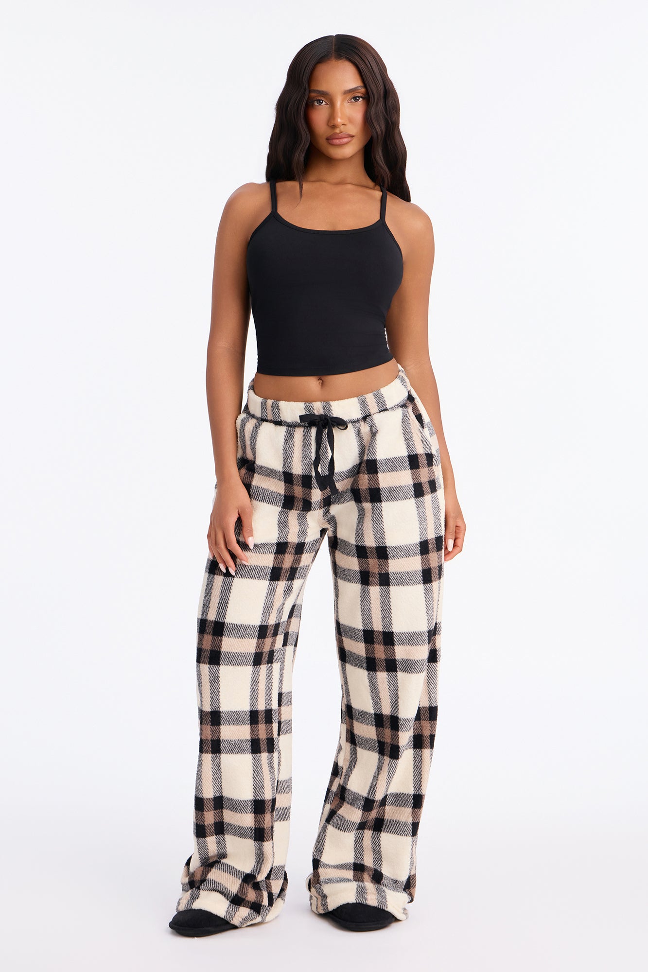 Simply Sleepy Cami PJ Plaid Plush Pant Set - Black/Brown