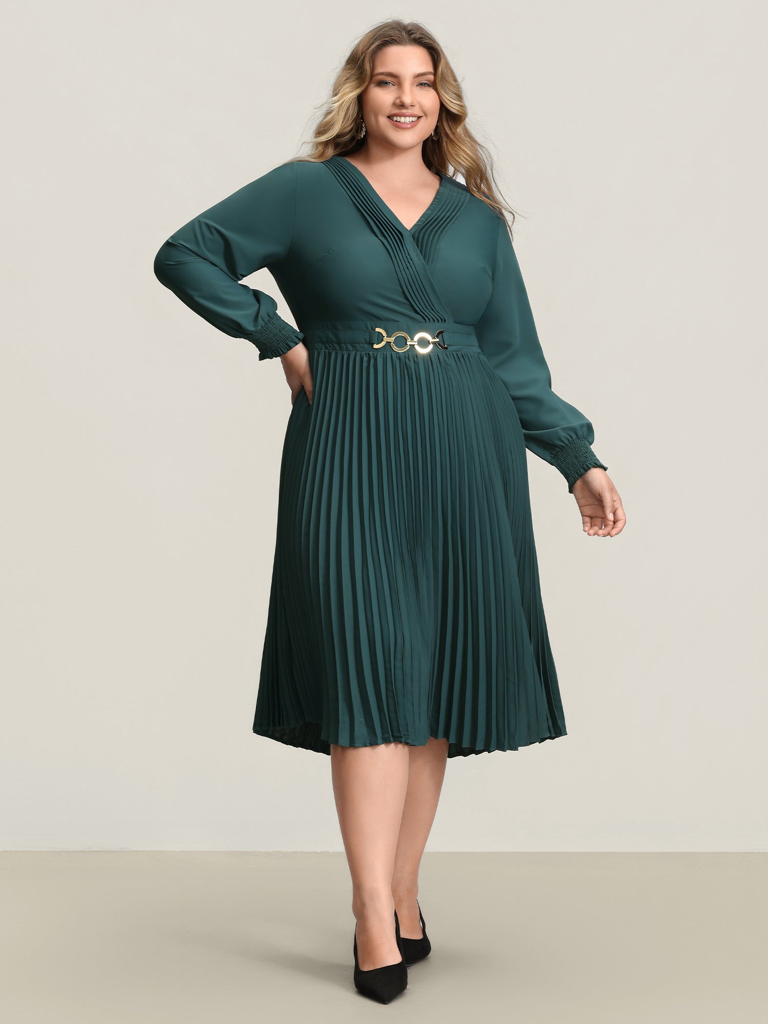 Pleated Wrap Neckline Shirred Waist Midi Dress