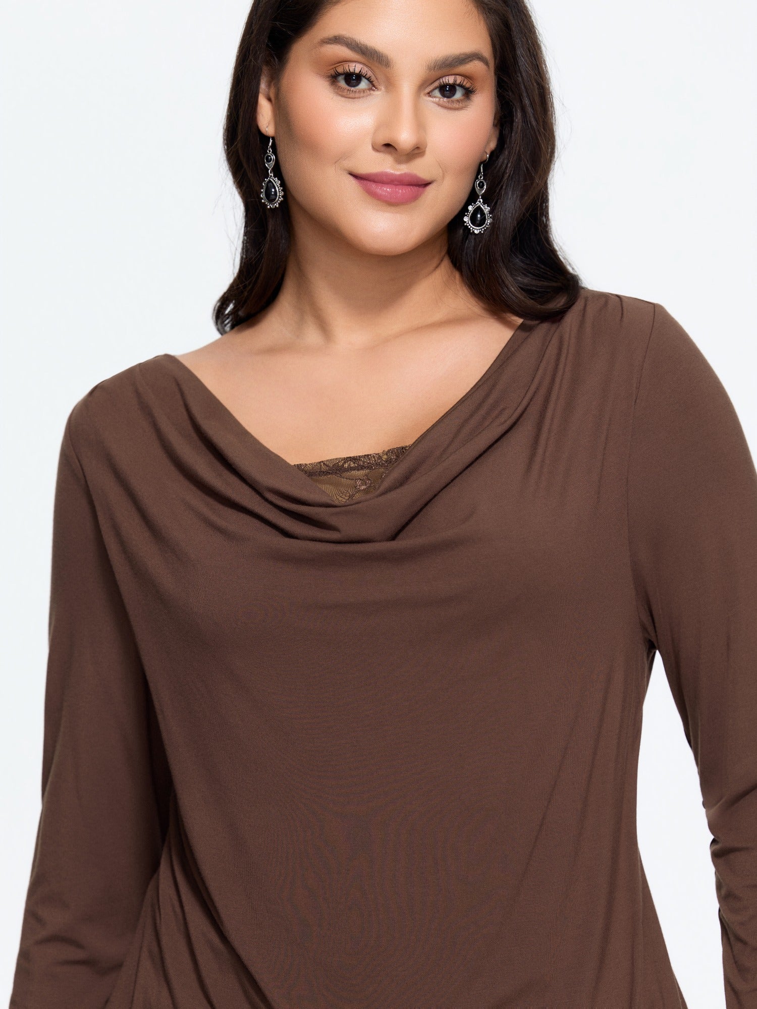 Cowl Neck Draped Lace Detail Fitted T-Shirt