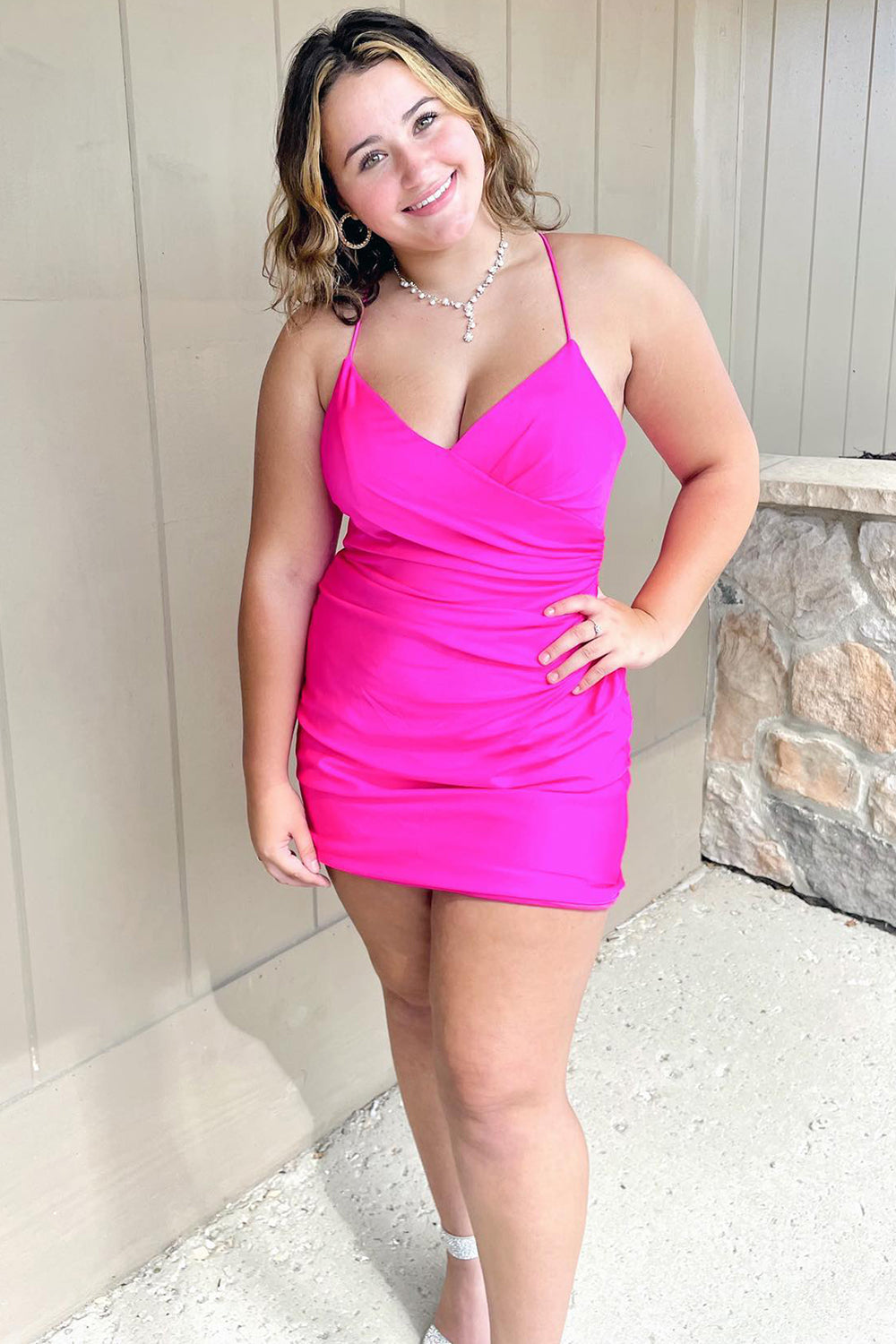 Simple Fuchsia Lace-Up Back Tight Short Homecoming Dress/Mini Dress