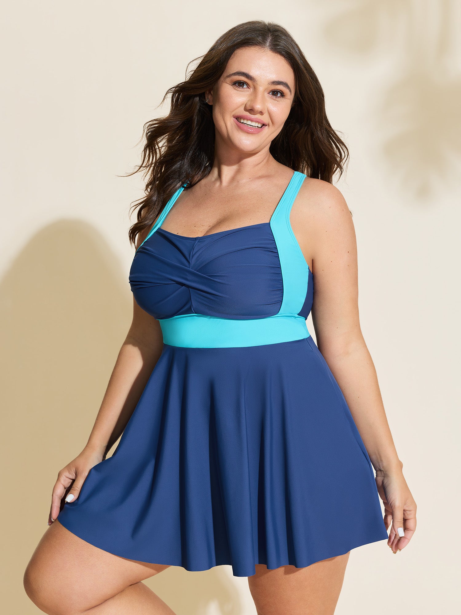 Color Contrast Twist Front Swim Dress
