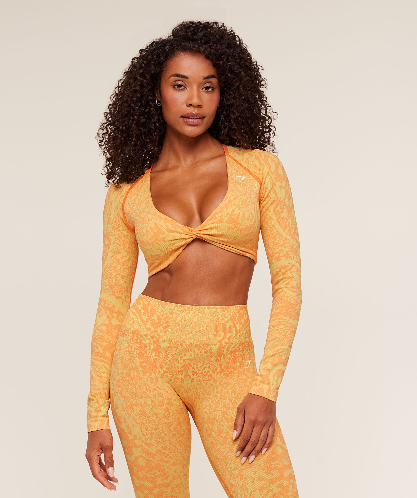 Gymshark Adapt Animal Long Sleeve Crop Top - Sorbet Yellow/Dayglow Peach