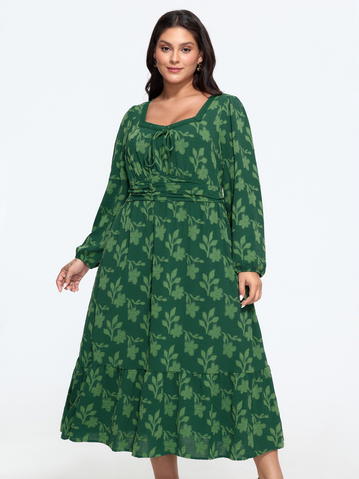 Floral Jacquard Lace Trim Tie Front Midi Dress