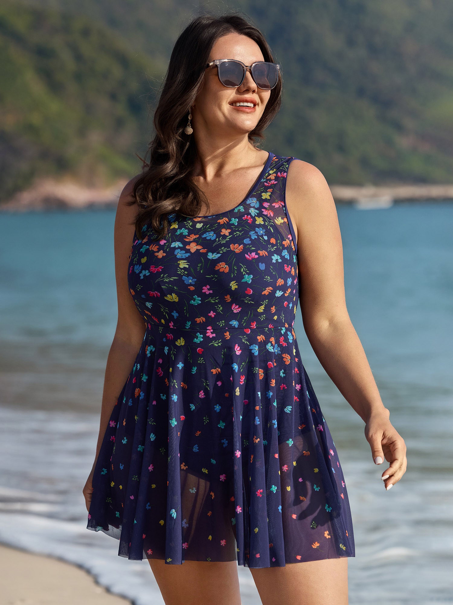 Multi-Color Print Sheer Swim Dress