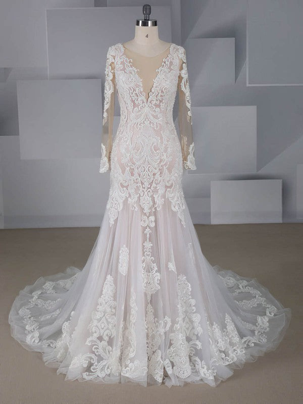 Elegant Trumpet Crew Neck Long Sleeves Tulle Wedding Dresses with Court Train