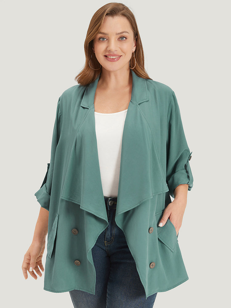 Solid Pocket Asymmetrical Neck Roll Tab Sleeve Jacket