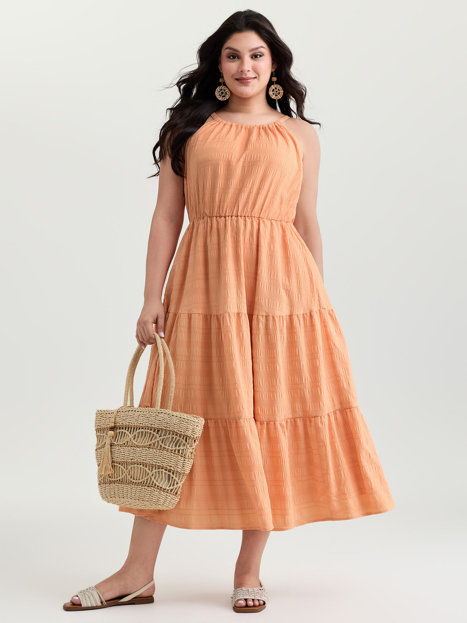 Breezy Halter-Neckline Tiered Midi Dress