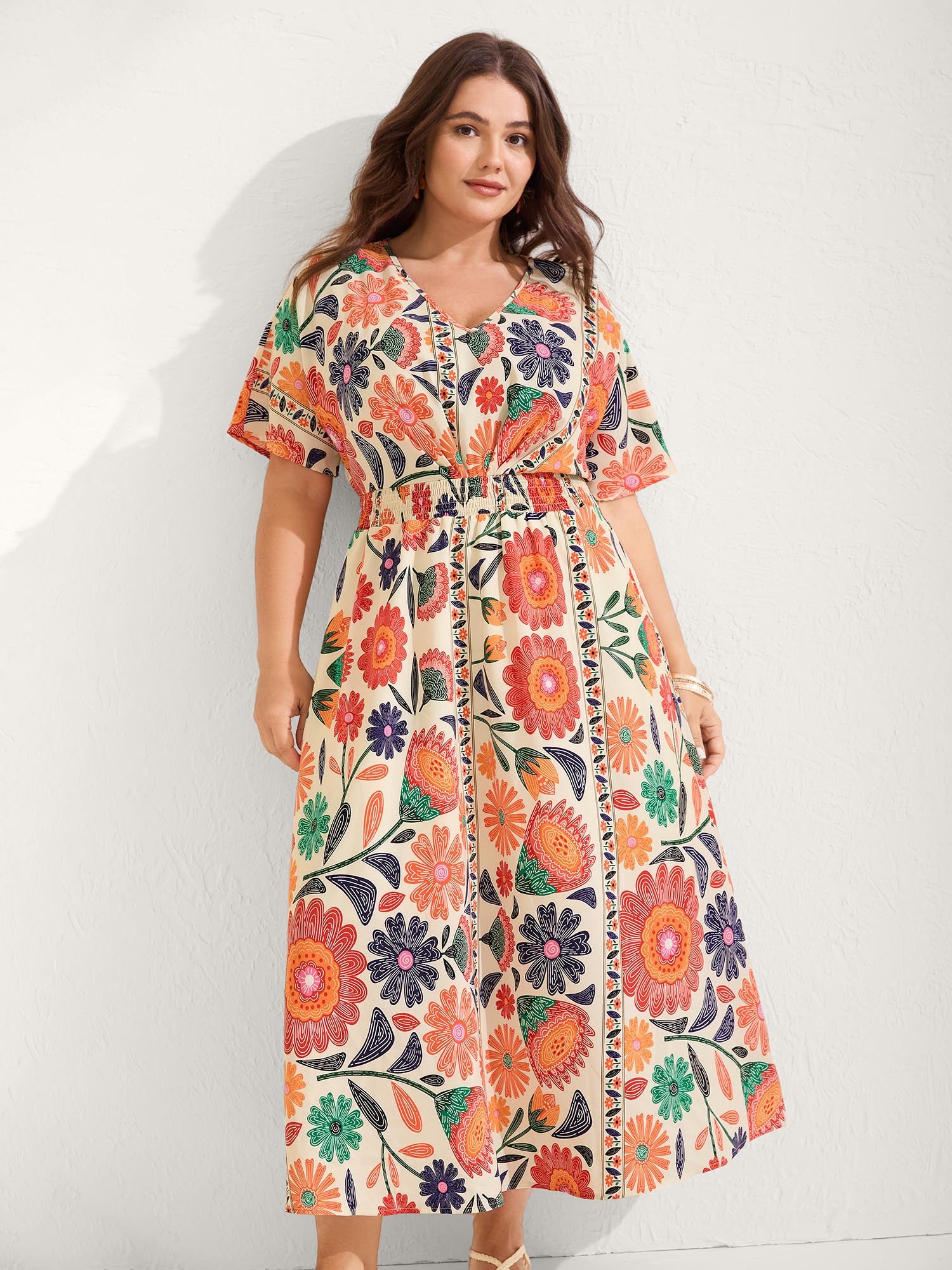 Floral Print Gathered Waist Pleated Maxi Dress