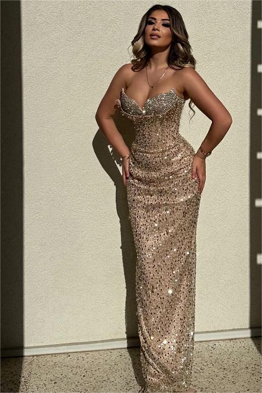Chic Sequins Strapless Sleeveless High Waist Long Formal Dress With Beadings