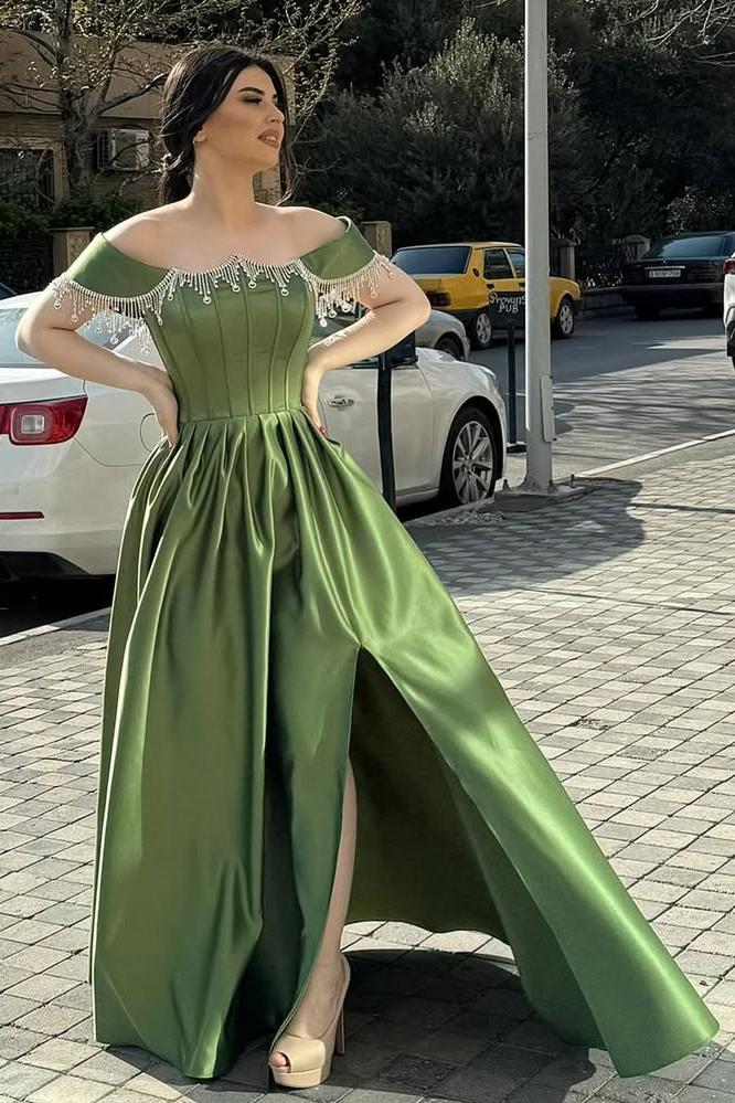Off the Shoulder Sleeveless Long Split Formal Dress With Pleated Beading