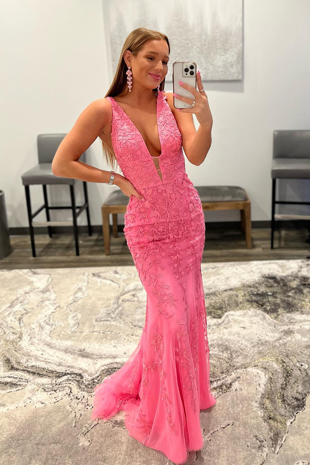 Pink Long Prom Dress with Appliques in a Mermaid Deep V Neckline