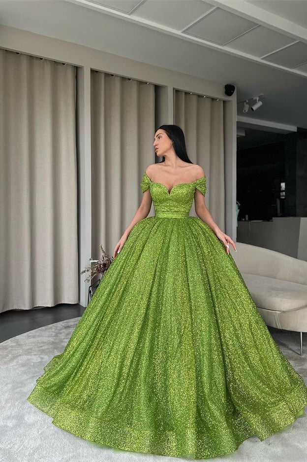 Off-The-Shoulder Green Ball Gown Evening Dress With Sequins