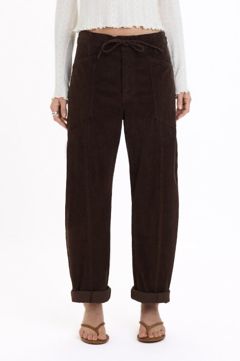 Daze Villa Drawstring Barrel Pants - Chocolate Corduroy