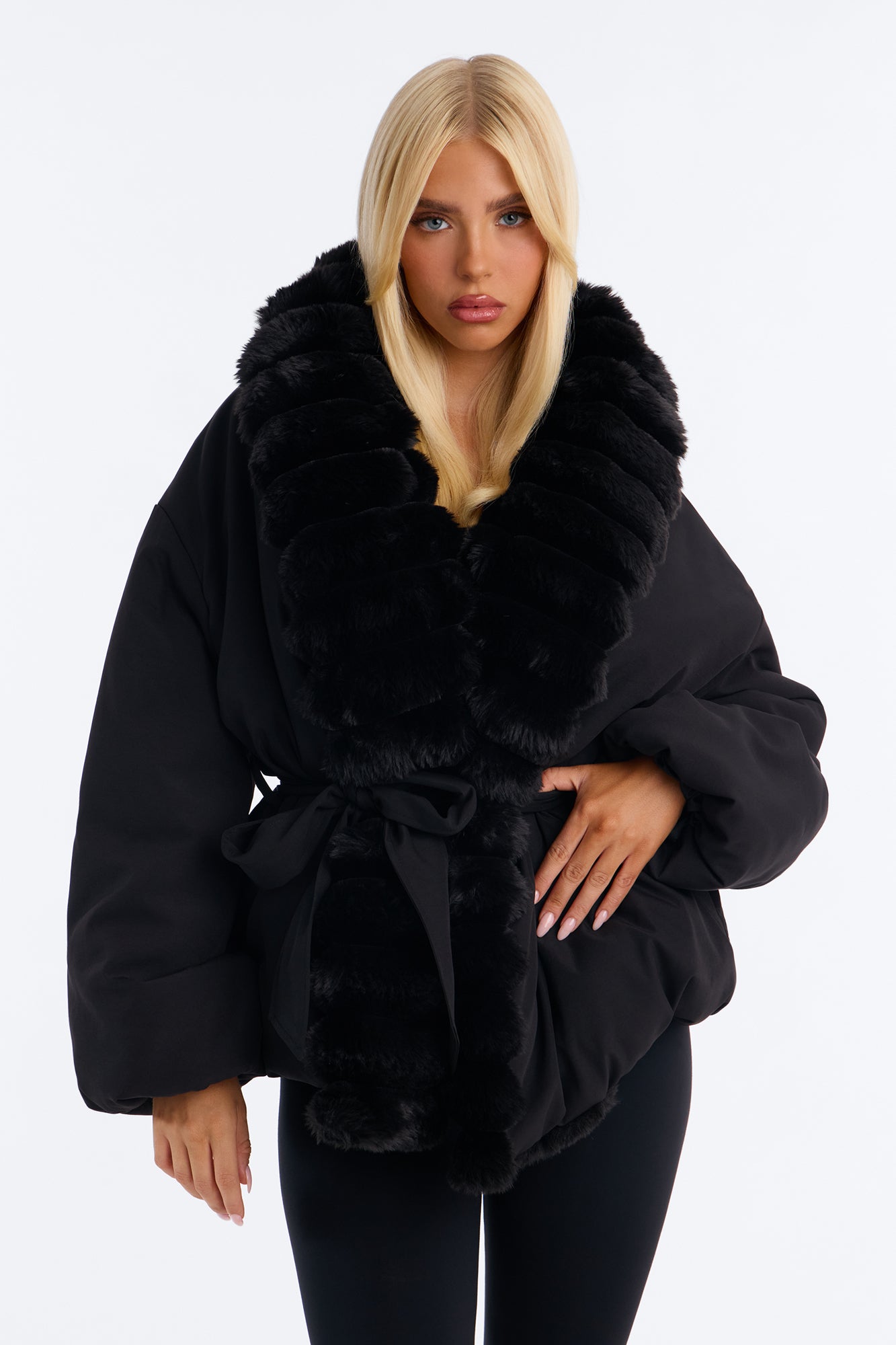 Caitlyn Fur Trim Belted Puffer Coat - Black/Black