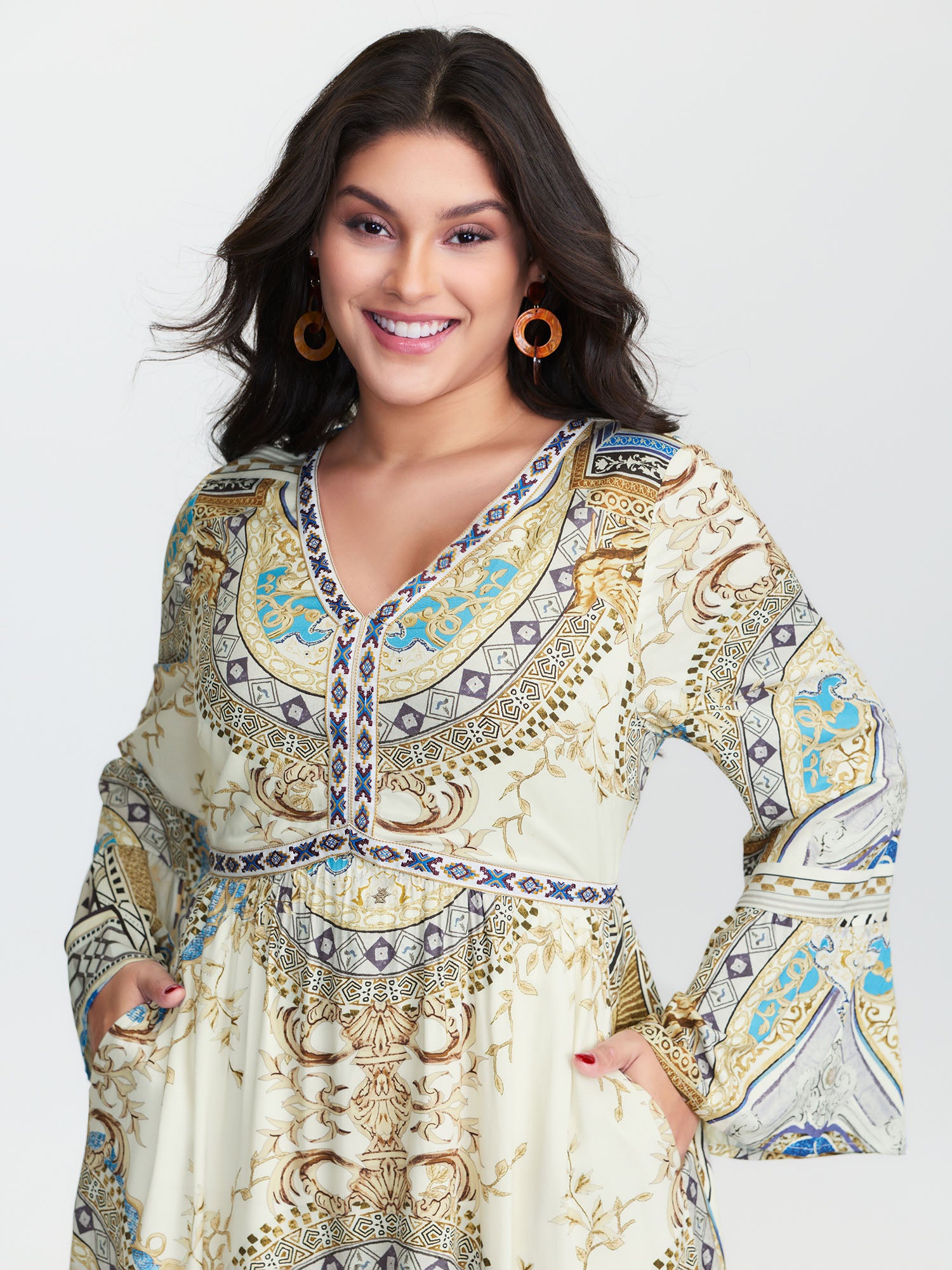 Boho Print Webbing Trim V-Neck Maxi Dress