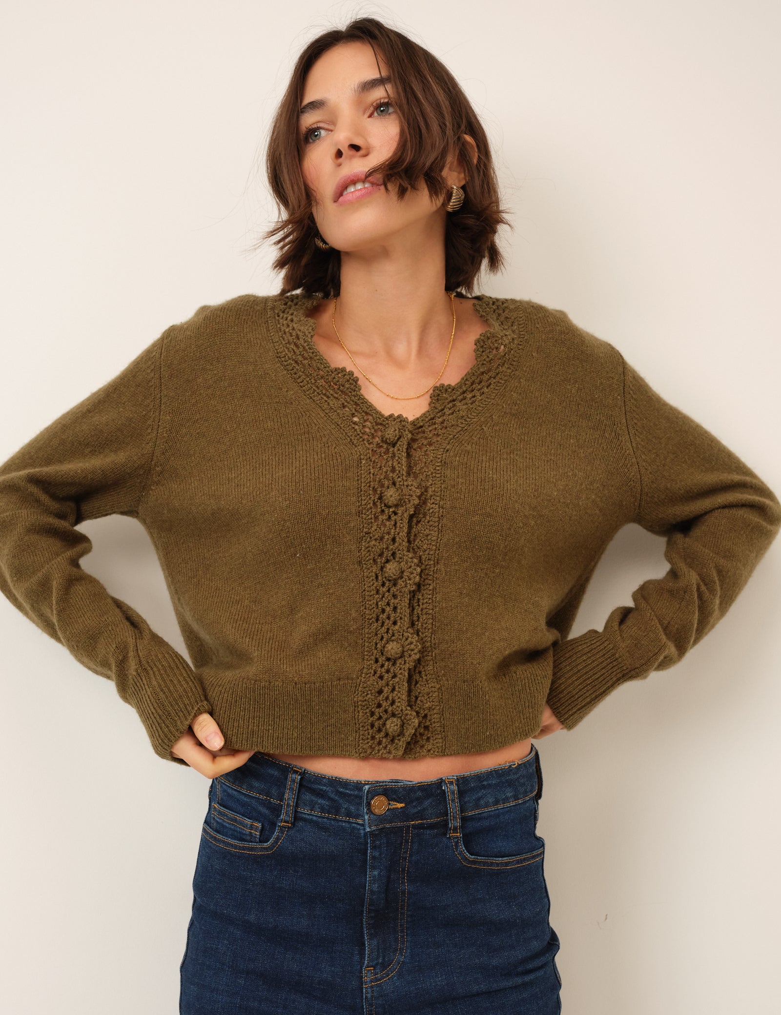 Khaki Crochet Trim Wool Blend Elodie Elodie Cardigan