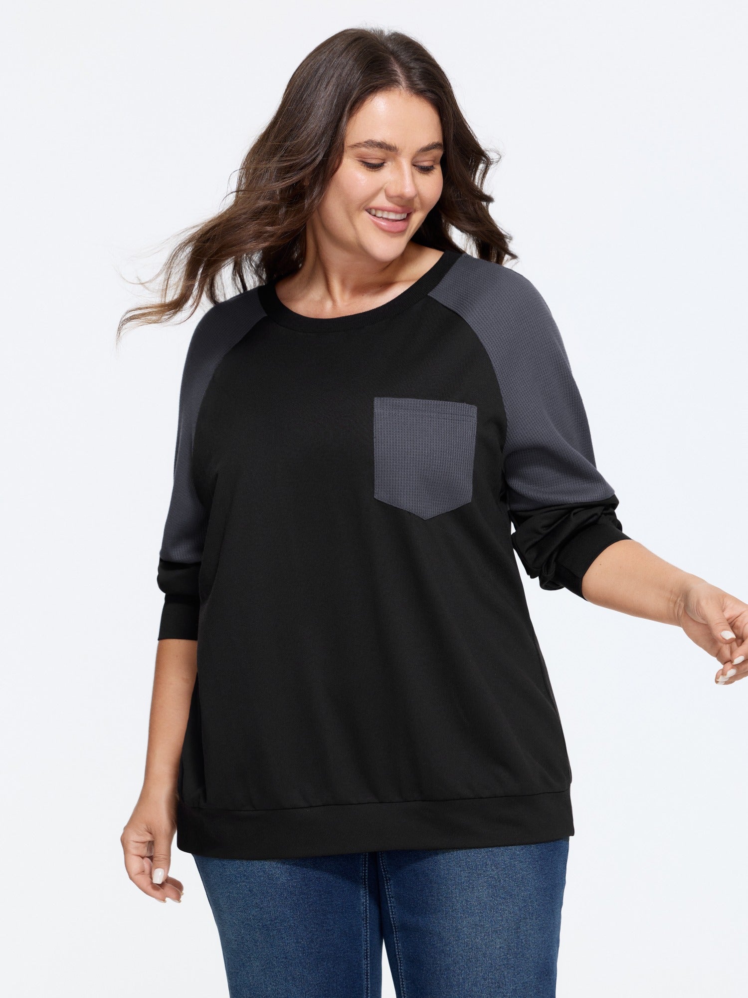 Supersoft Color Block Raglan Sleeve Pocket Patchwork Sweatshirt