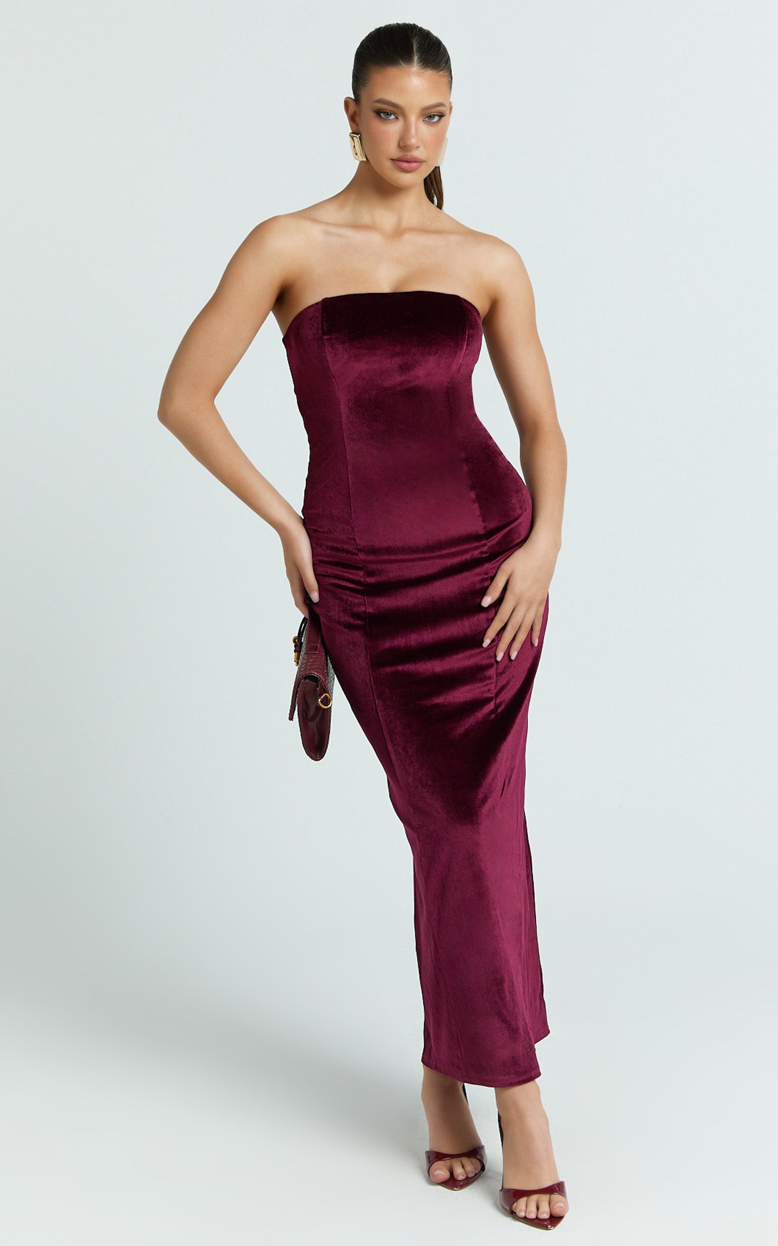 Cartia Midi Dress - Velvet Strapless Bodycon Dress in Wine