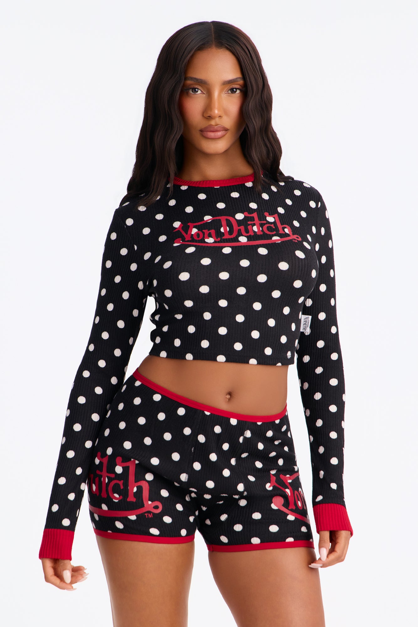 Von Dutch Ribbed Long Sleeve PJ Short Set - Black/combo