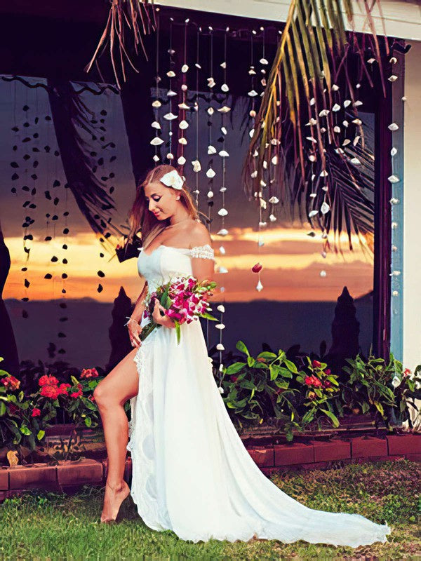 Glamorous A-Line Off-The-Shoulder V-Neck Chiffon Wedding Dresses with Split