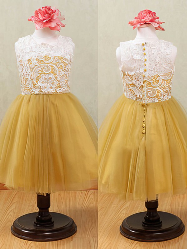 Beautiful A-Line Jewel Lace Tulle Flower Girl Dresses with Buttons