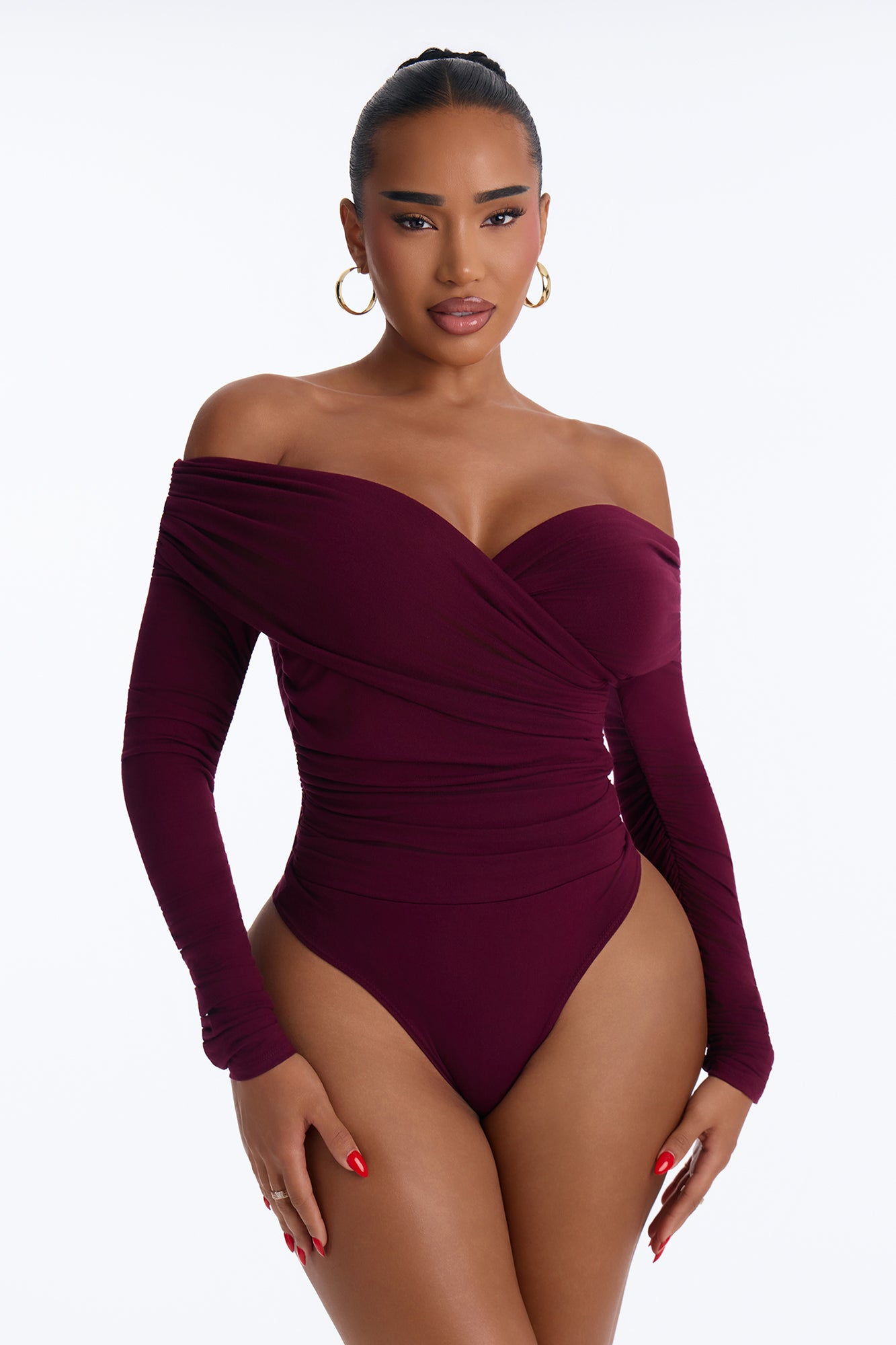 Milan Ruched Off Shoulder Long Sleeve Bodysuit - Burgundy