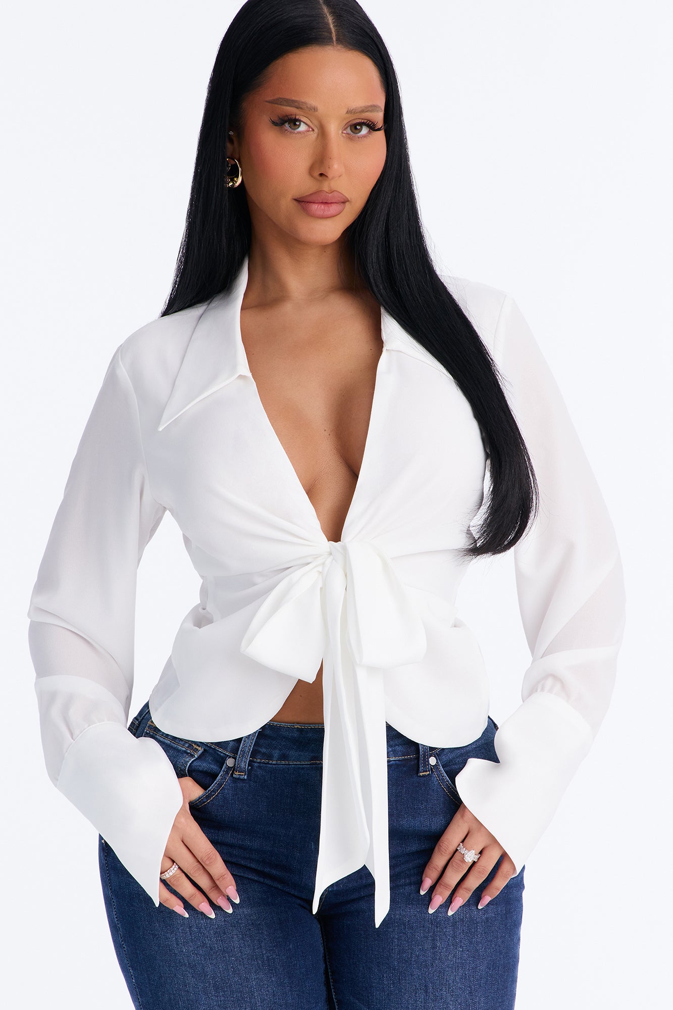 Worth Chasing Tie Front Long Sleeve Blouse - White