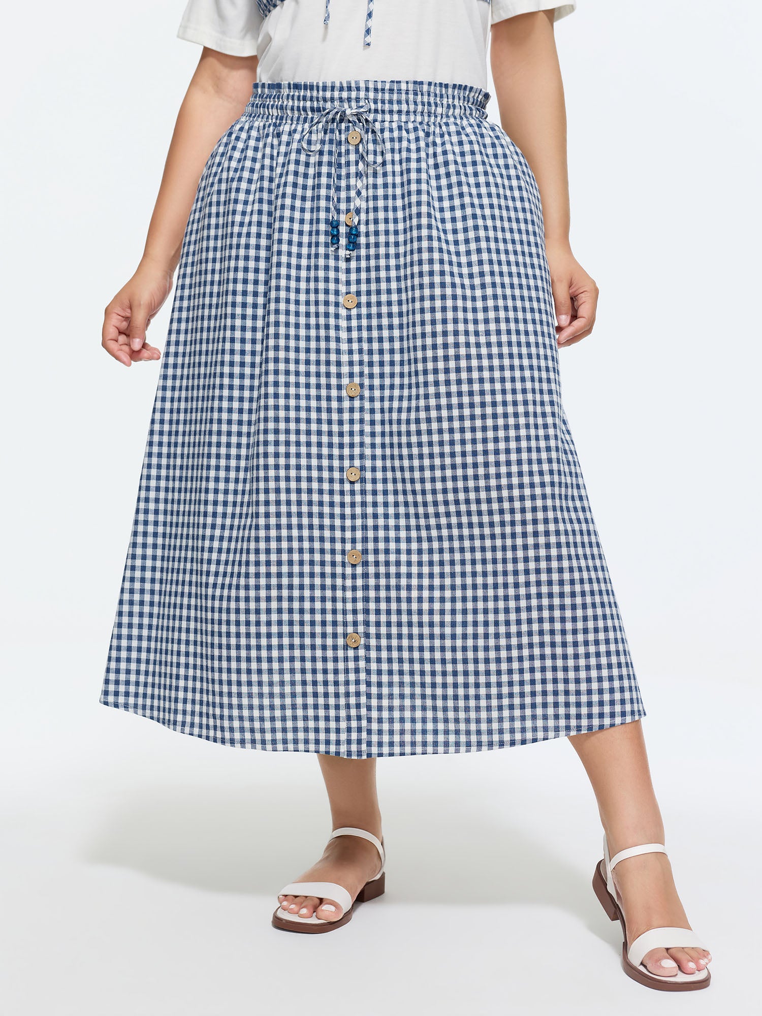 Cotton Checkered Print Shirred Drawstring Waist Maxi Skirt