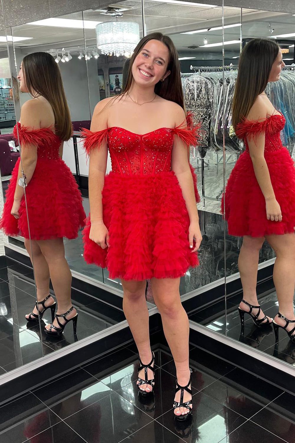 Sparkly Red Corset Off The Shoulder A Line Short Homecoming Dress/Mini Dress with Feathers