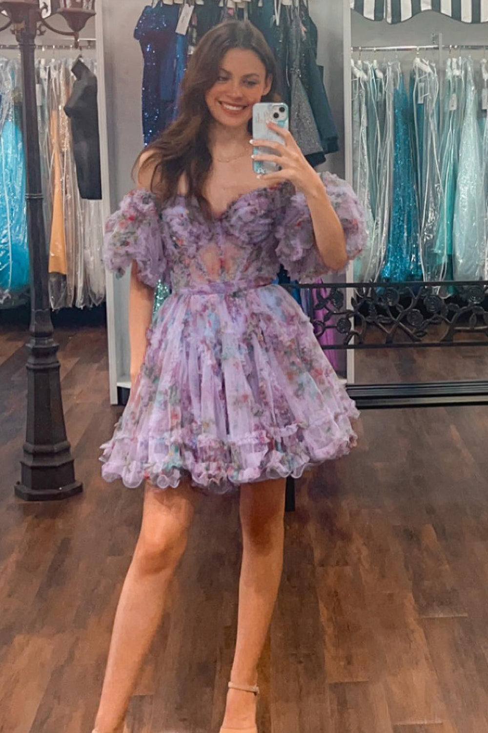 Purple Floral A-Line Short Homecoming Dress/Mini Dress