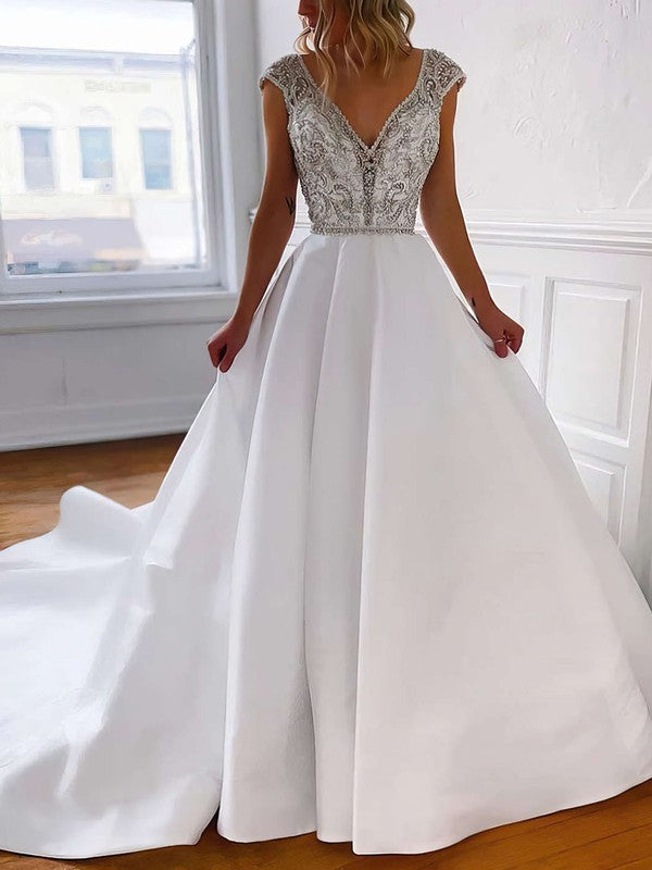 Charming Court Train Backless A-Line V-Neck Satin Wedding Dresses with Beading